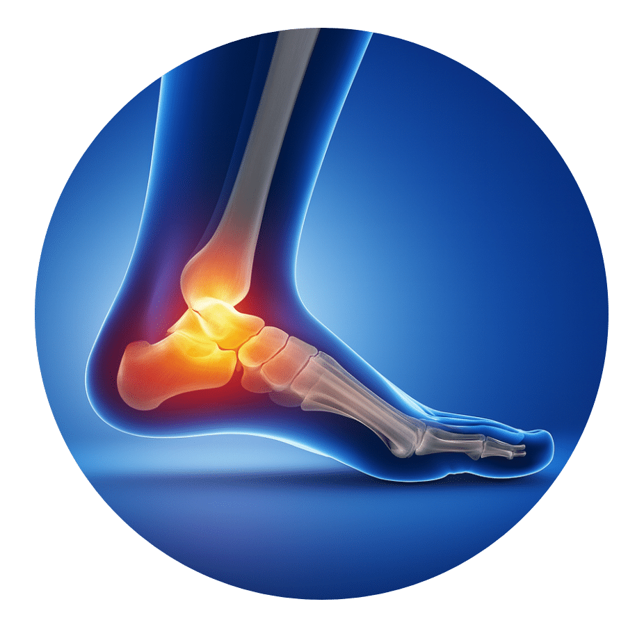 Illustration of the foot and ankle bones with the ankle joint highlighted in pain