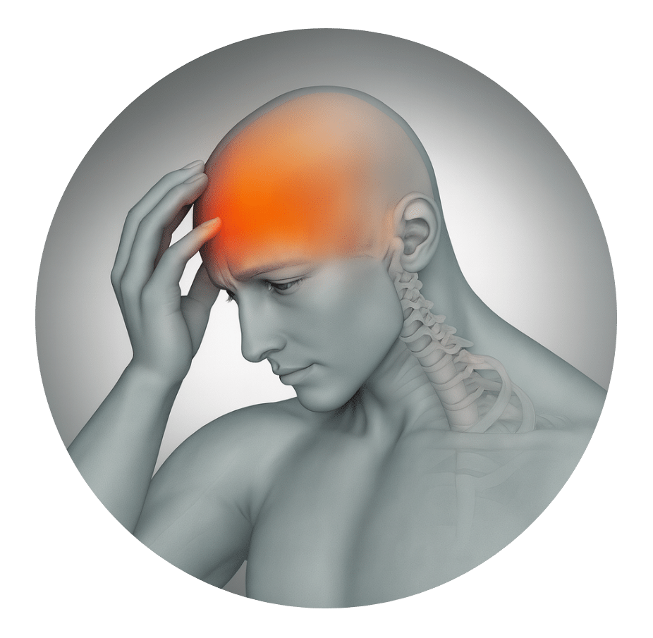Illustration of a person holding their head, with the head and upper neck highlighted to show dizziness
