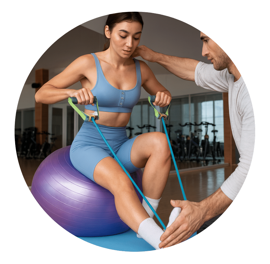 Physical therapist steadying a patient seated on a stability ball as she pulls a resistance band