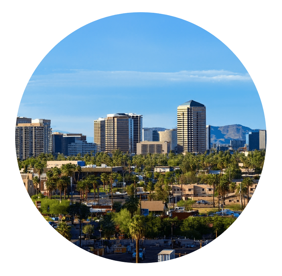 City high-rises above palm trees with desert mountains behind