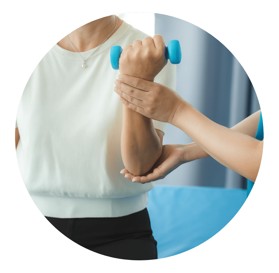 Physical therapist supporting the elbow during a dumbbell exercise