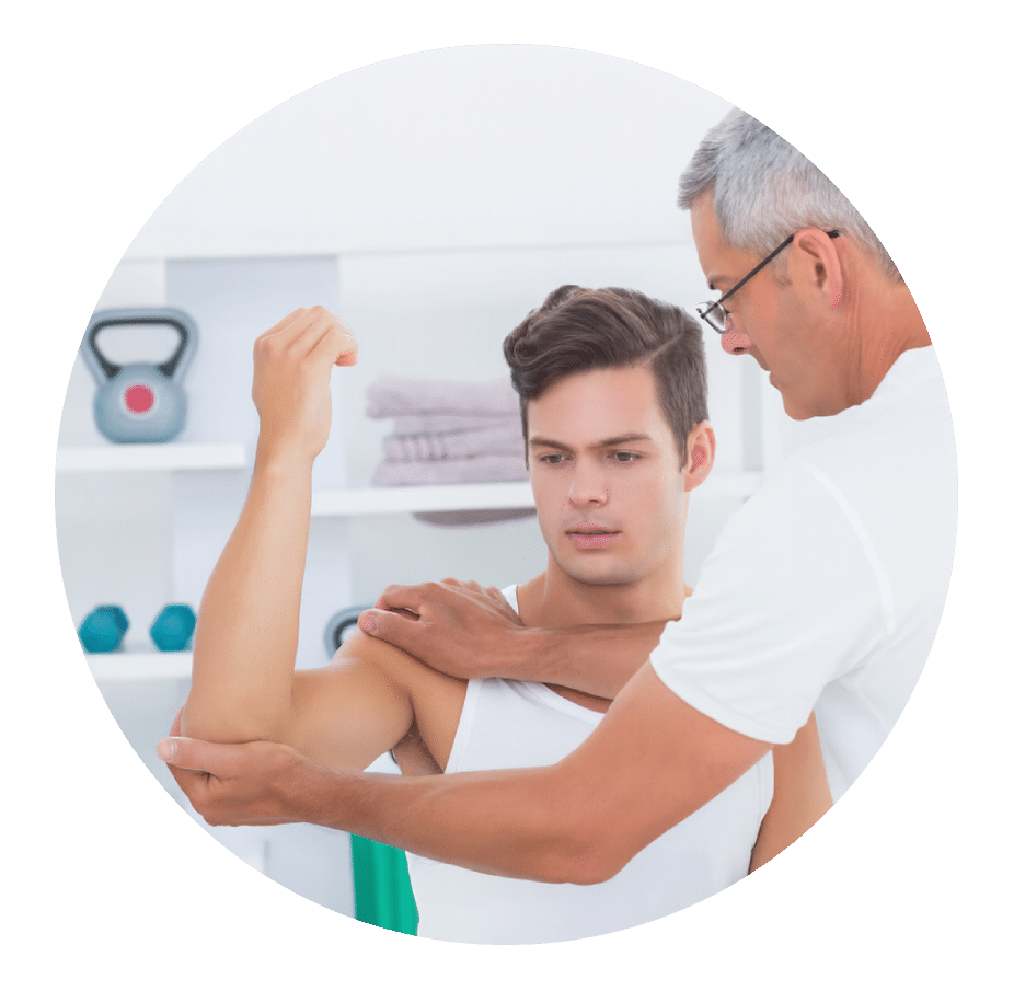 Physical therapist assessing elbow and shoulder movement