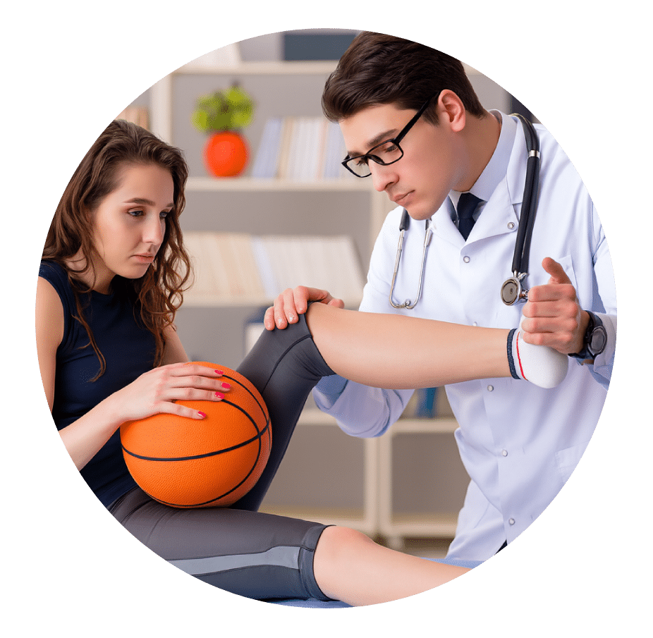 Physical therapist assessing an athlete's knee during a sports injury evaluation