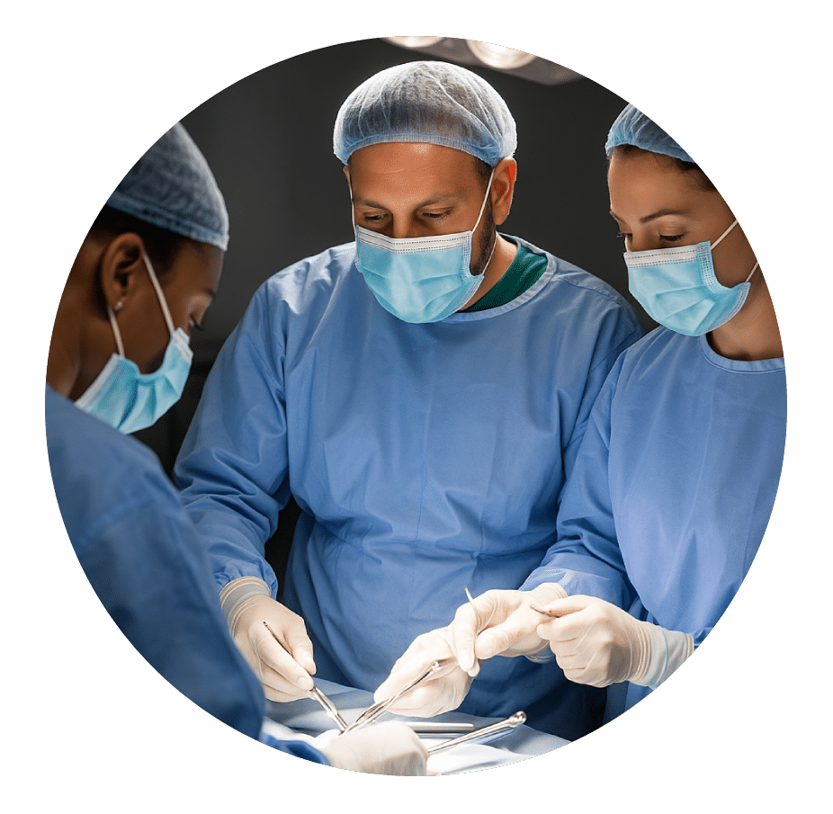Surgical team performing an operation before post-surgery rehab