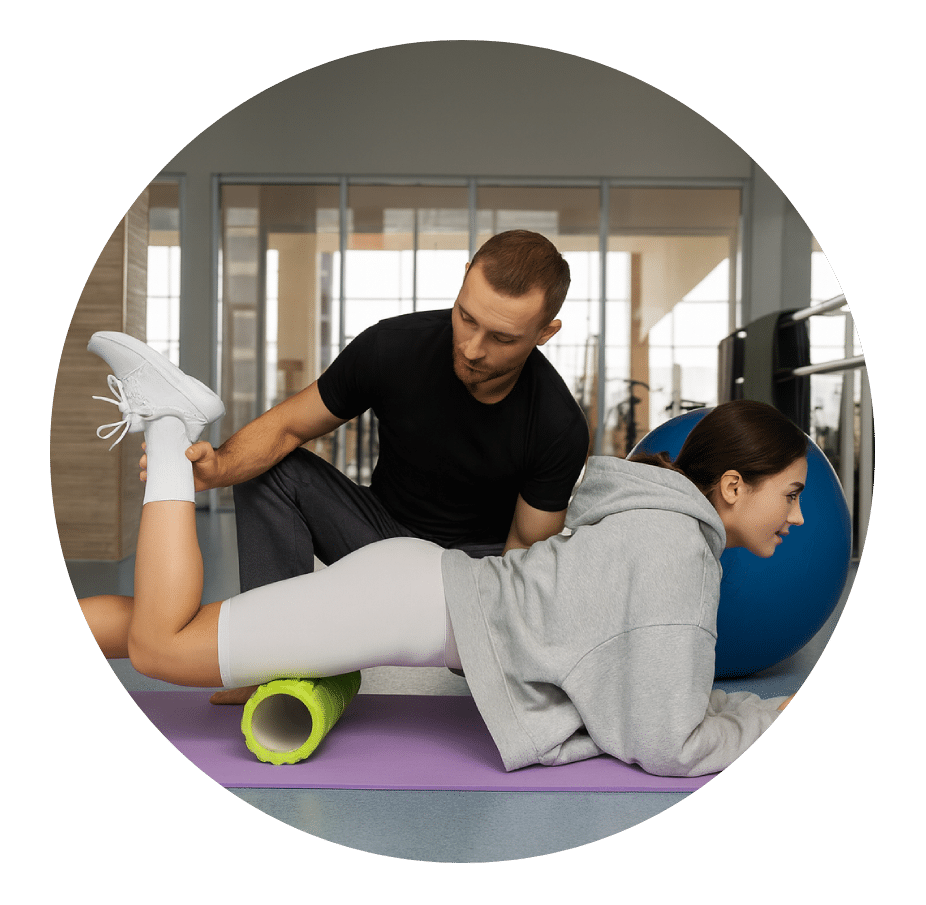 Trainer guiding a woman's leg stretch as she lies face down on a foam roller