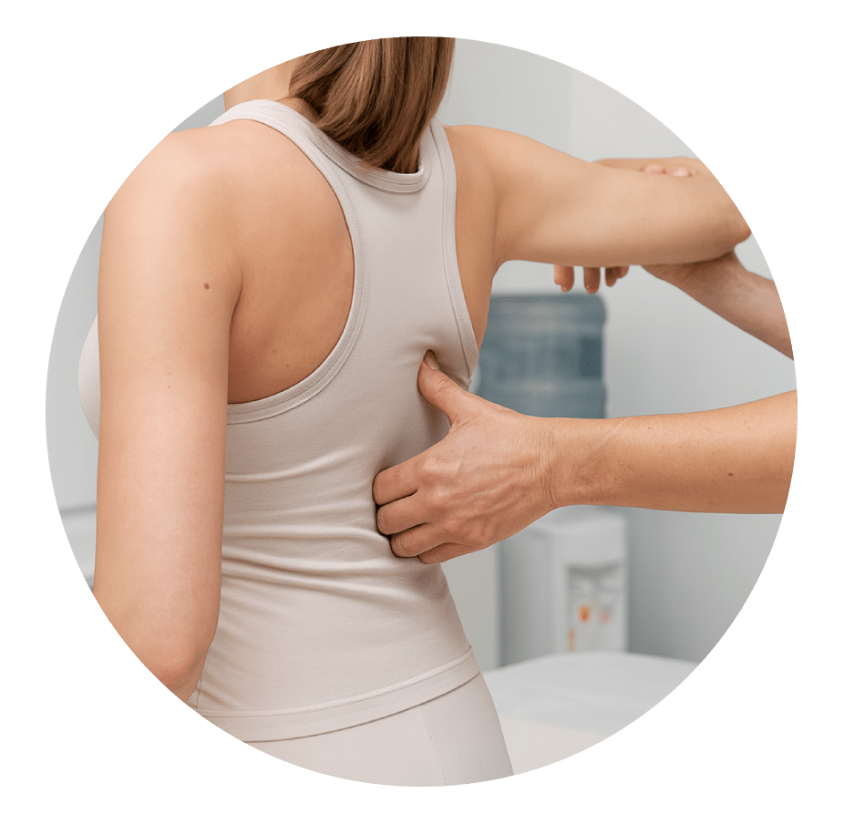 Clinician pressing along a woman's side and back while lifting her arm