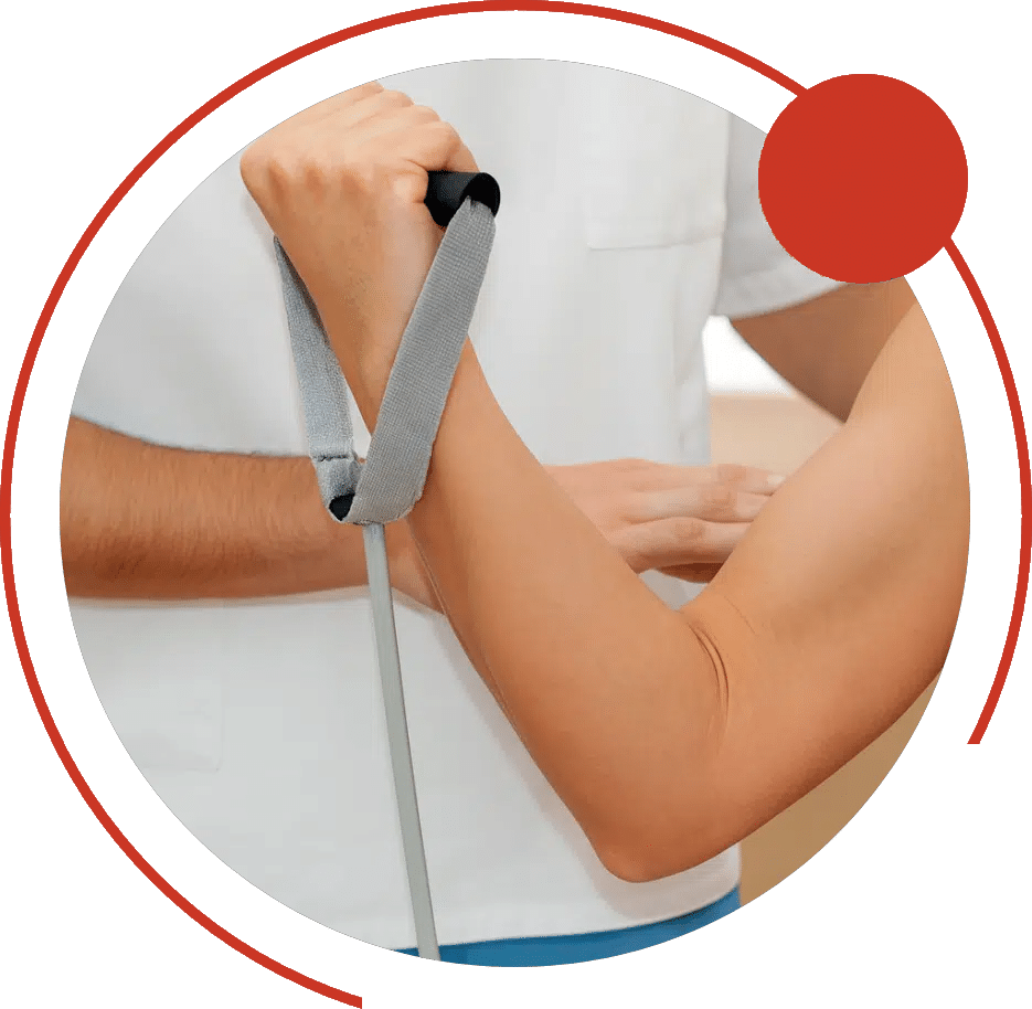 Elbow strengthening exercise with a resistance band during physical therapy
