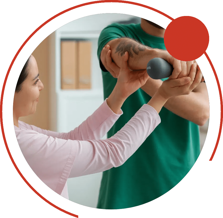 Physical therapist guiding a patient's arm through an exercise with a small weight